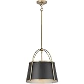Hinkley Clarke Large Drum Pendant, Black Metal Shade, 1-6" and 2-12" Down Rods, Even or Sloped Ceilings, Warm Brass Finish