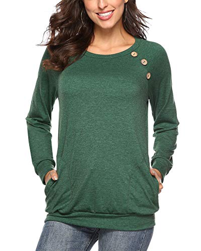 Women's Casual Button-Down Tunic Tops Crewneck T Shirt Long Sleeve Sweatshirt Green 2XL