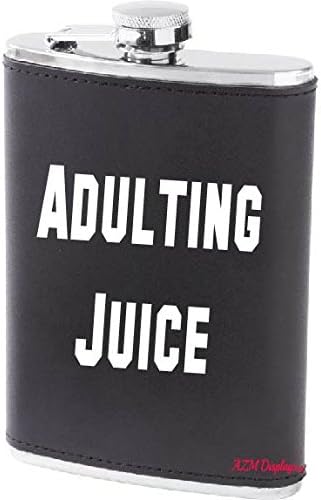 Adulting Juice Alcohol Flask Hip Liquor Container 8oz Screw Cap Pocket Funny Gift (Leather Black)