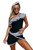 Aleumdr Womens One Ruffle Shoulder Color Block Tankini Top and Swim Skirt Swimsuit
