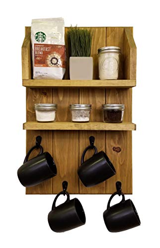Wall Mounted Shiplap Coffee & Tea Station Featuring a 4 Single Mug Hooks and Two Shelves. Available in 20 Stain Colors: Shown in Driftwood - Rustic Decor - Kitchen Organizer - Coffee Bar