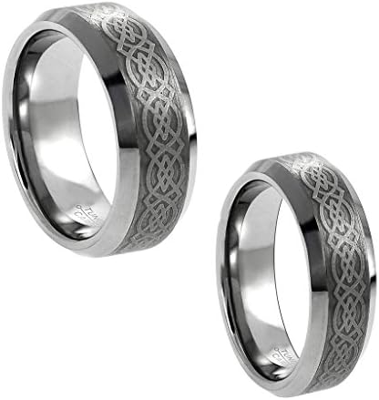 Wedding Band Ring Set For Him &amp; Her - 8MM/6MM Tungsten Carbide Shiny Beveled Edge with Celtic Knot Design Center