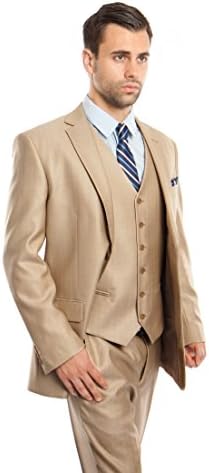 Men's Solid Two Button Elegant Modern Fit 3 Piece Suit (50R, Stone)