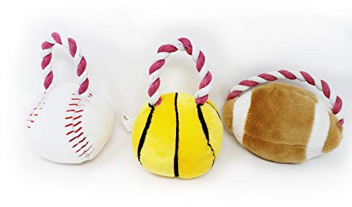 Pro Image Dog Sports Balls with a Squeaker | Soft Plush Toy, Puppy Play Toy (3 Pack) Basketball, Football & Baseball w/Attached Rope Pet tug a war