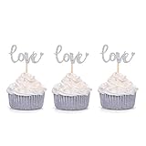 24 CT Silver Glitter Love Cupcake Toppers Wedding Bridal Shower Engagement Party Decors