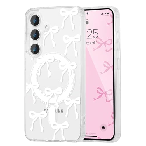 UEEBAI Magnetic for Samsung Galaxy A15 4G/5G Case, Bow Case Compatible with MagSafe, Wireless Slim Clear Ribbon Aesthetic Phone Cover Anti-Yellowing Shockproof Protective Cover for Women Girl - White