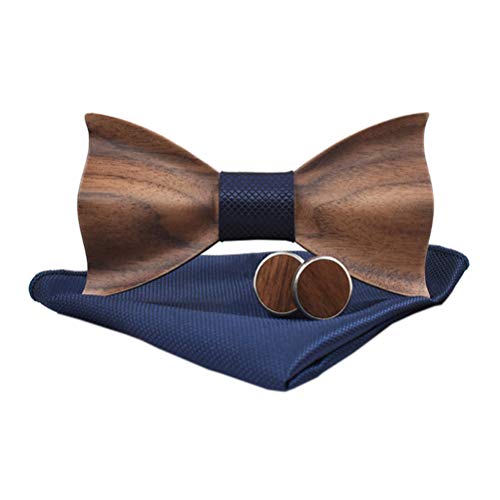 Mens Wooden Bow Tie with Matching Pocket Square Cufflinks Set Classic Handmade (dark blue)