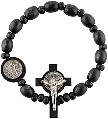 Saint Benedict Evil Protection Wood Bead Stretch Rosary Bracelet, 7 1/2 Inch