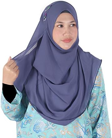 Womens Blue Gray Plain Double Loop Instant Chiffon Hijab Scarf Ready To Wear