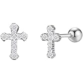 CZ Cross 20g Barbell Ball Stud Sterling Silver Earrings for Women Girls Cubic Zirconia Tiny Small Studs Cartilage Tragus 4mm Bead Screw Back Hypoallergenic Thin Faux Piercing Body (Silver) 1