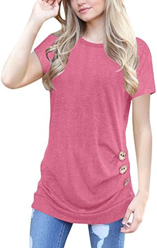 Women Short Sleeve Solid Color Loose Button Trim Blouse Round Neck Tunic Top T-Shirt
