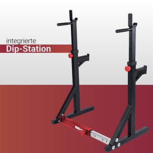 Fuel-Fitness-HR200-Verstellbarer-Kniebeugestaender-mit-Sicherheitsablagen-in-Breite-und-Hoehe-verstellbare-Hantelablage-Squat-Rack-mit-Langhantelstaender-mit-Dip-Griffen-bis-180kg-belastbar