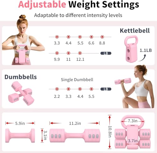 2-in-1 Adjustable Dumbbell Set, 4-Level Weight Dumbbell Set, Suitable for Women and Men, Each Piece 2.2/3.3/4.4/5 lbs Hand Weight with Kettlebell Form, Ideal for Home Gym Workouts