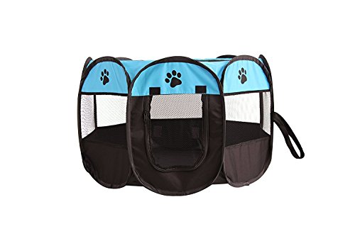 UNFADE MEMORY Portable Foldable Pet Playpen, Indoor/Outdoor, Dog/Cat/Puppy Exercise pen Kennel, Removable Mesh Shade Cover, dog pop up silhouettes pet pen - Blue, M