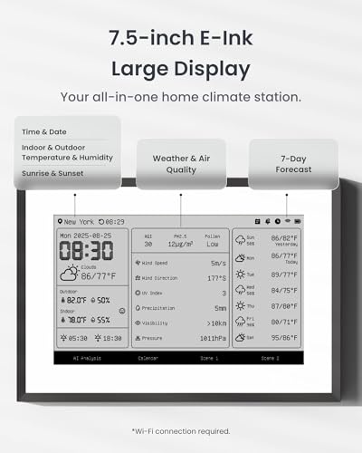SwitchBot Smart E-Ink Weather Station, 7.5" Wireless Indoor & Outdoor Temperature and Humidity Monitor with Electronic Calendar, Compatible with Google, iCloud, Outlook and More