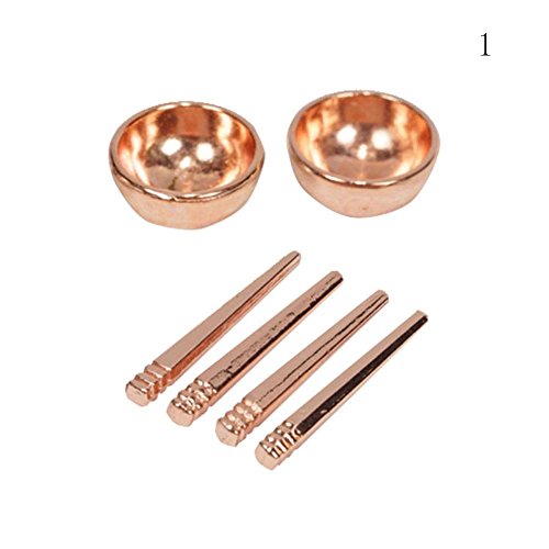 Zeroyoyo 1:12 Miniature Food Play House Mini Bowls and Chopsticks Dollhouse Kitchen Decoration Accessories Coppery