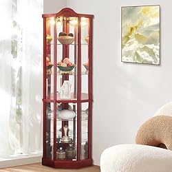 Firscook Curio Cabinet,Lighted Wooden Corner Curio