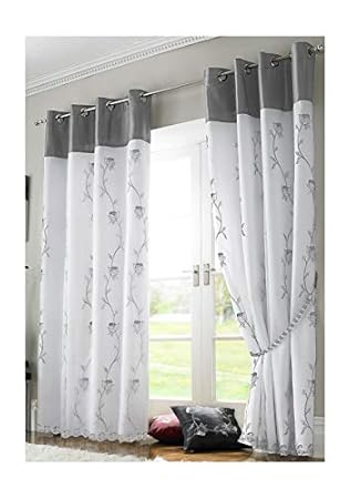Silver Grey White Floral Rose Trail Lined Voile 56 X 54 142cm