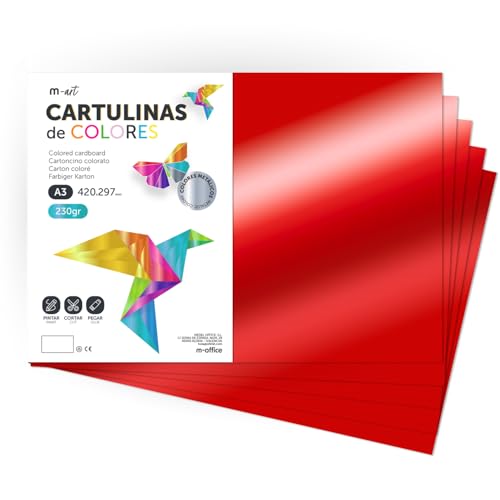 A3 Coloured Metallic Cardboard, 230 g/m², Large Cardboard, Coloured Card for Crafts, Art Projects and Decorations, Glossy Effect · m-Office (25 Sheets, Red)