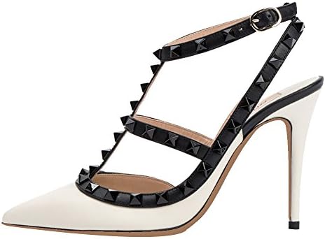 Maikool Women's Plus Size Studded Ankle Strap High Heel Pointed Toe Sandals 5 M US White Black PU