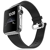 J&D Tech Modern Series Leather Strap Replacement Wrist Band with Metal Clasp Adapter for Apple Watch Series 1 / 2 /3 - 42mm, Black