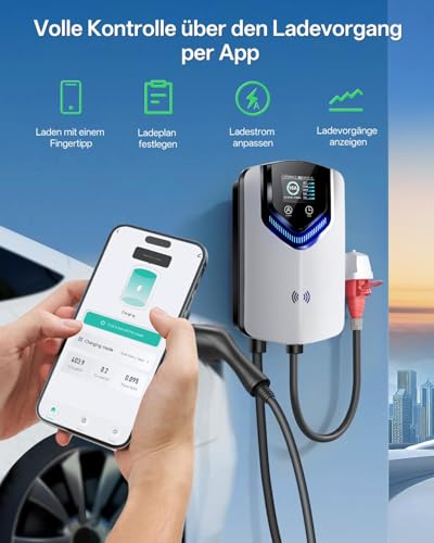 Wallbox 11kW with App & RFID - 3-Phase Type 2 EV Charger 400V, 6-16A, 8M Cable with Cable Holder - RCD Type B & IP54, Setting Start Time Efficient Charging Station for Home for BEV PHEV