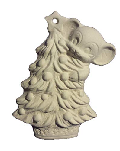 Mouse on Christmas Tree 3" Christmas Tree Ornament, Ceramic Bisque, Ready to Paint