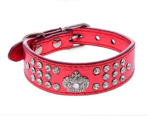 haoyueer Rhinestone Dog Collar Crown Rhinestone Diamante Jewelry Crystal PU Leather Pet Dog Cat Puppy Collar … (S, Red)