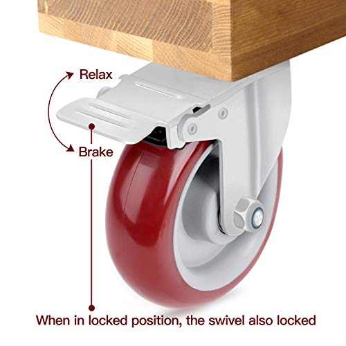 SPACECARE 4 Pack 5 Inch Swivel Red Casters 1420Lbs Heavy Duty Polyurethane Wheels with Brake Safety Dual Locking No Noise Wheels Lockable Anti-wear Smooth Casters - Thumbnail 4