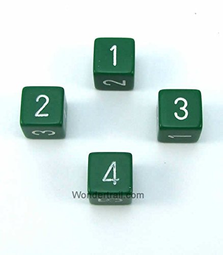 WCXPQ0605E4 Green Opaque Dice with White Numbers D6 Aprox 16mm (5/8in) Pack of 4 Dice Chessex