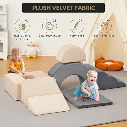 Garvee 7-Piece Toddler Climbing Toys, Indoor Soft Foam Play Blocks for Baby, Montessori Soft Play Set with Slide, Stairs & Ramp, Indoor Playground for Toddlers 1-3, Nursery & Playroom, Gray & Beige