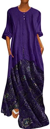 Farmerl Women Vintage Retro Printed Fake Two-Piece Long Sleeves O-Neck Maxi Dresses