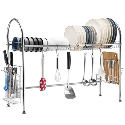 iPEGTOP Over the Sink Dish Drying Rack, 304 Stainless Steel Large Dish Drainer Shelf Organizer Dishware Rack with Utensil Cutting Board Holder for Kitchen Counter Top