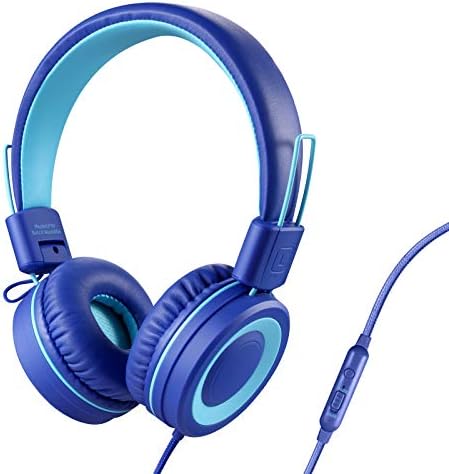 POWMEE P10 Children Headphones with Microphone Stereo Headphones for Youngsters Boys Ladies,Adjustable 85dB/94dB Quantity Management Foldable On-Ear Headphone with Microphone for Faculty/PC/Cellphone(Blue)
