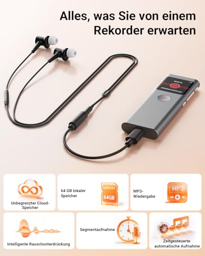 NUASI AI Digital Voice Recorder, Transcribe and Summary, Voice Activated Recording with Playback, 90+ Languages, 64GB Memory, One Touch Recording, For Lecture/Interviews/Classes