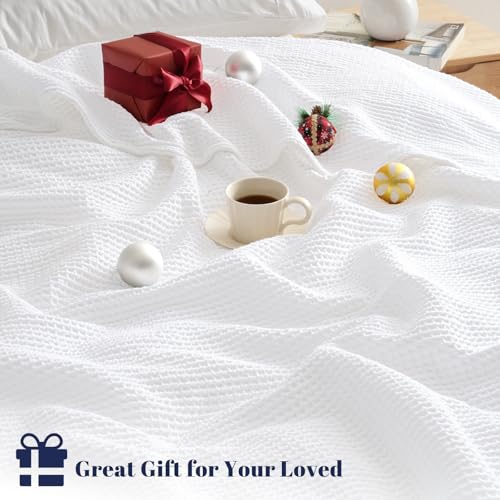 PHF 100% Cotton Waffle Weave Blanket Double Size 150 x 200cm, Pre-Washed Lightweight Breathable Throw Blanket, Oeko-TEX Certified for Bed Sofa, Home Decor, White