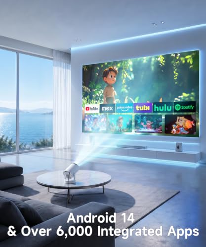 Magcubic Mini Projector 4K HY300pro+, Smart Projector Android 14 | Car Keystone Correction, Projector 4K Home Cinema with WiFi 6 BT 5.4, 180° Rotation, 5W Speaker