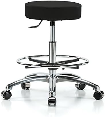 Perch Single Lever Adjustable Rolling Backless Swivel Stool in Chrome with Footring for Office Salon Home Garage or Work Shop 20.5" - 28" (Hard Floor Casters/Black Fabric)