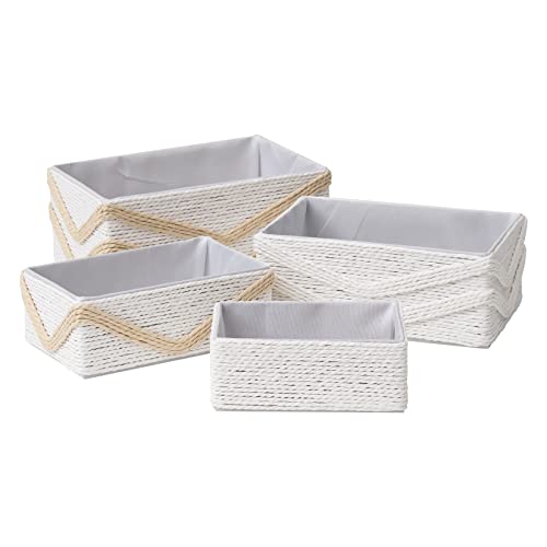 LA JOLIE MUSE Storage Baskets for Organizing Set 4 - Sturdy Woven Basket Paper Decorative Baskets, Stackable Storage Boxes for Makeup Closet Bathroom Bedroom Shelf (White & Beige)