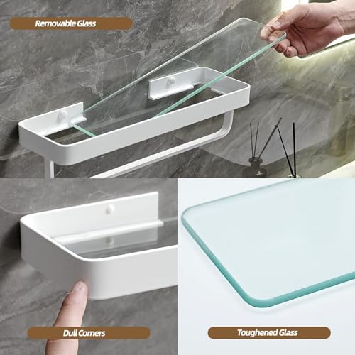40 CM Wall Mounted Shower Shelves, 2 Tier Bathroom Caddies with Towel Bar, Tempered Glass Floating Shelf, White Bathroom Wall Organizer