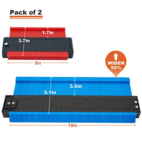 Upgrade 2 PCS Contour Gauge Duplicator Shape Profile DIY Woodworking Tools 10inch Blue Widen and 5inch Red