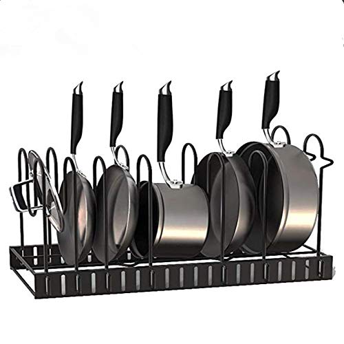 Pan Rack Organizer - Adjustable 8 Pots Holder - Kitchen Cabinet Pantry Pot Lid Holder