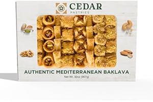 Cedar Pastries Assorted Mediterranean Baklava - 33pc Mix of Authentic Pistachio, Cashew, Walnut Bitesize Treats - Kosher & Halal Certified - Large Box