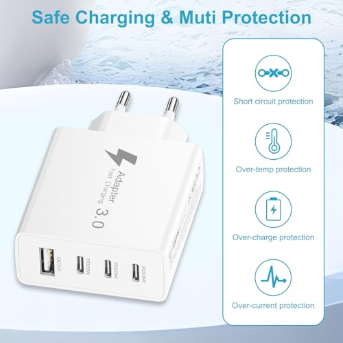 EU Travel Adapter Charger, 50W European Plug Adapter Fast Charging with 3 USB C+1 USB A, European Wall Adaptor EU Plug Fast Charger Compatible with iPhone 17 16 15 14 13 11 Pro Max,Samsung Galaxy