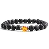 Top Plaza Jewelry - Black Lava Rock Beads Matte Agate Beads Elastic Energy Bracelet with 1 Red-Yellow Amber Bead