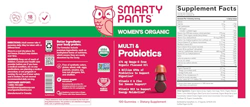 SMARTYPANTS ORGANIC WOMEN’S MULTIVITAMIN GUMMIES: BIOTIN, PROBIOTICS, METHYLFOLATE, OMEGA 3 (ALA), VITAMIN D3, C, VITAMIN B12, B6, A, K & ZINC, INOSITOL, GLUTEN FREE, 120 COUNT (30 DAY SUPPLY)