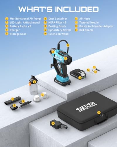 SEESII 2-in-1 Tire Inflator & Car Vacuum with 2×2000mAh Batteries, 150PSI Rapid Portable Air Compressor, 20000Pa Suction, 21V Cordless Air Pump, Digital Gauge, LED Light for Car, Ball, Bike, Home