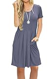 AUSELILY Women's Short Sleeve Pockets Pleated Loose Swing T-Shirt Dress Purple Gray M