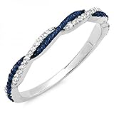 14K Gold Round Blue Sapphire & White Diamond Ladies Anniversary Wedding Band Swirl Stackable Ring