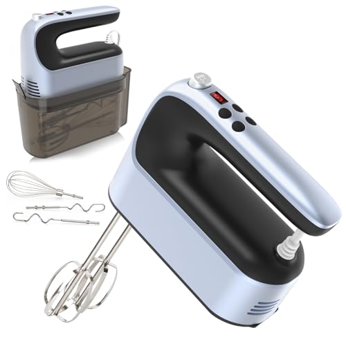 Yomelo 9-Speed Digital Hand Mixer Electric, 400W Powerful DC Motor, Baking Mixer Handheld with Snap-On Storage Case, 5 Stainless Steel Accessories, Flat Beaters, Dough Hooks, Whisk (Ocean Blue)